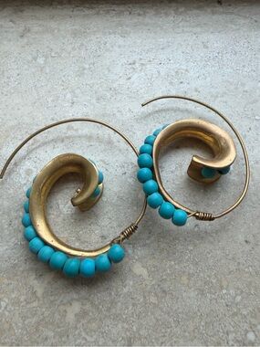 Gold Spiral Hoop Earrings with Turquoise Beads